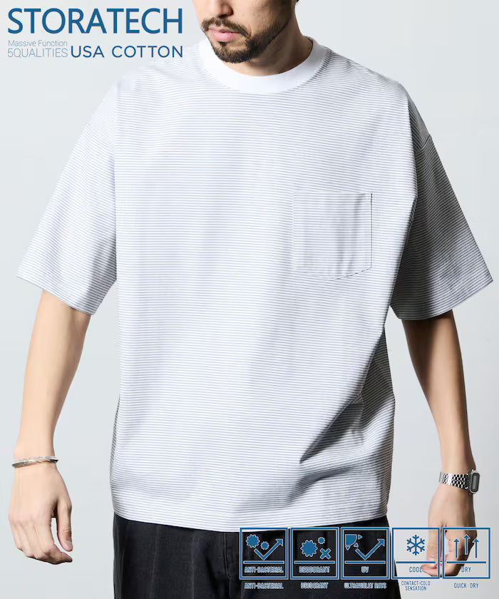 STORATECH/Wide Silhouette Crew Neck T-Shirt/Antibacterial/Odor Resistant/Antimicrobial/UV Cut/Contact Cooling/Water Absorbent and Quick Drying 【Limited Edition】 - White Stripe