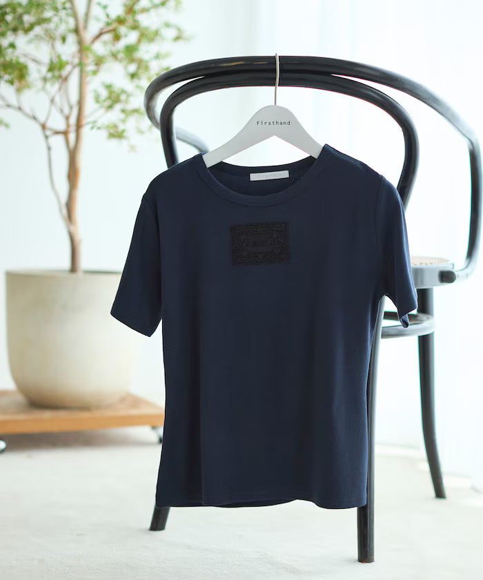 Lace Applique Cotton Modal T-Shirt - Navy