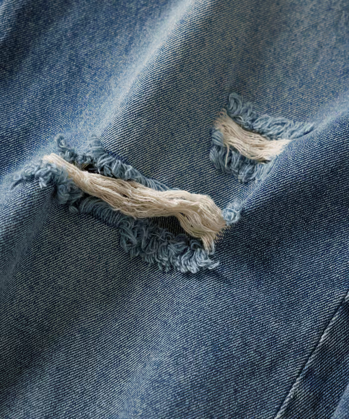 Wide Silhouette Curve Damaged Denim Pants