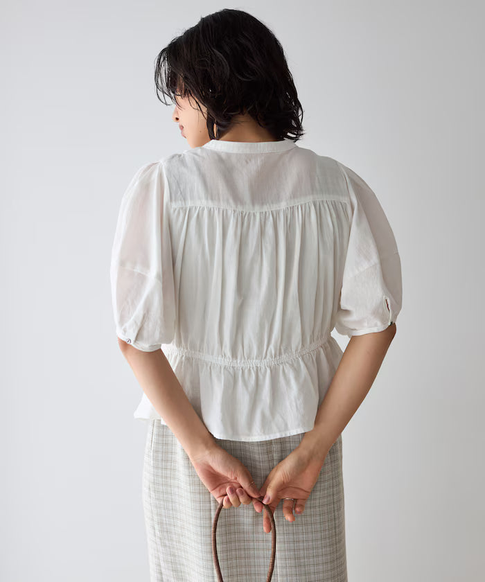 Sheer Shirring Volume Sleeve Blouse / 5 Short Sleeves