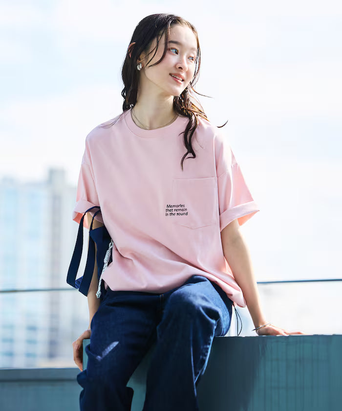 Big silhouette one-point embroidery back print hem code pocket T-shirt [Limited Edition]
