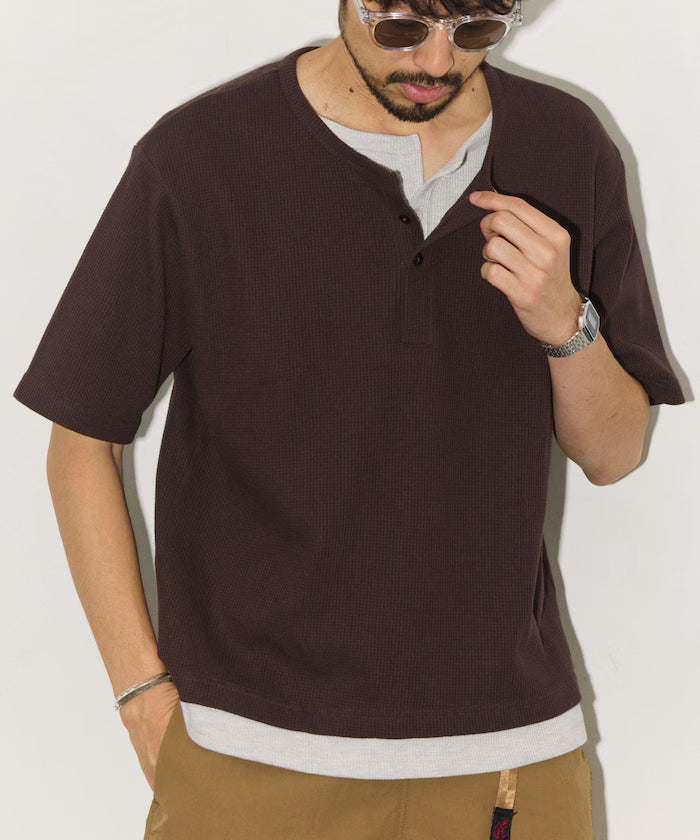 Waffle Fake Layered Henry Neck T-Shirt