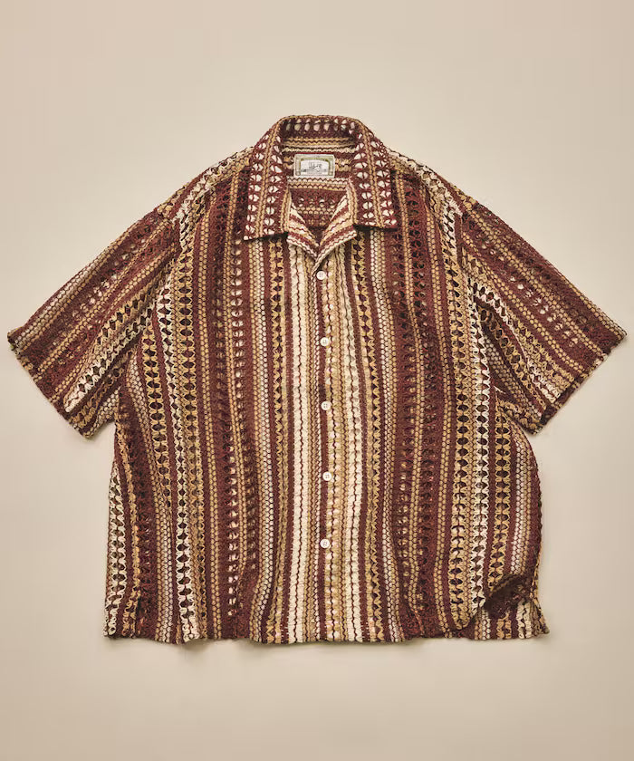 New color added: Indian-made relaxed fit all-over lace multi-stripe open collar short sleeve shirt