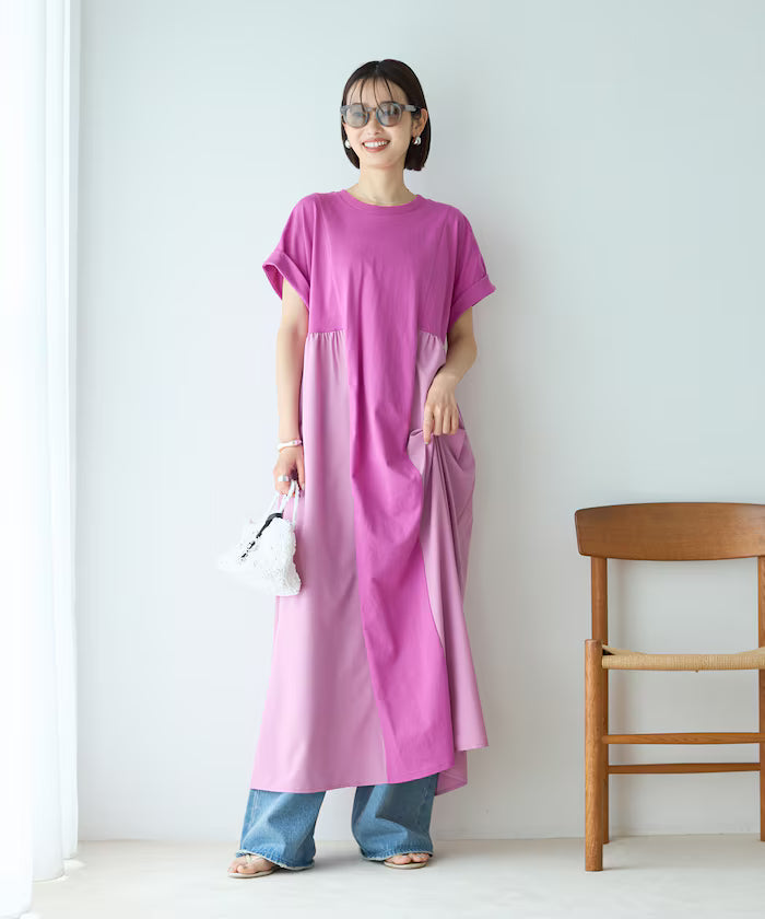 Organic Cotton Mixed Material Docking Gathered Dress