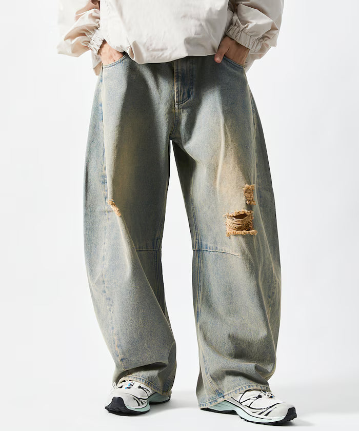 Wide Silhouette Curve Damaged Denim Pants