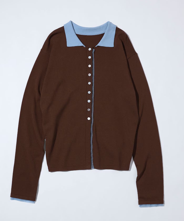 Color Design Fake Layered Long Sleeve Polo Knit Cardigan