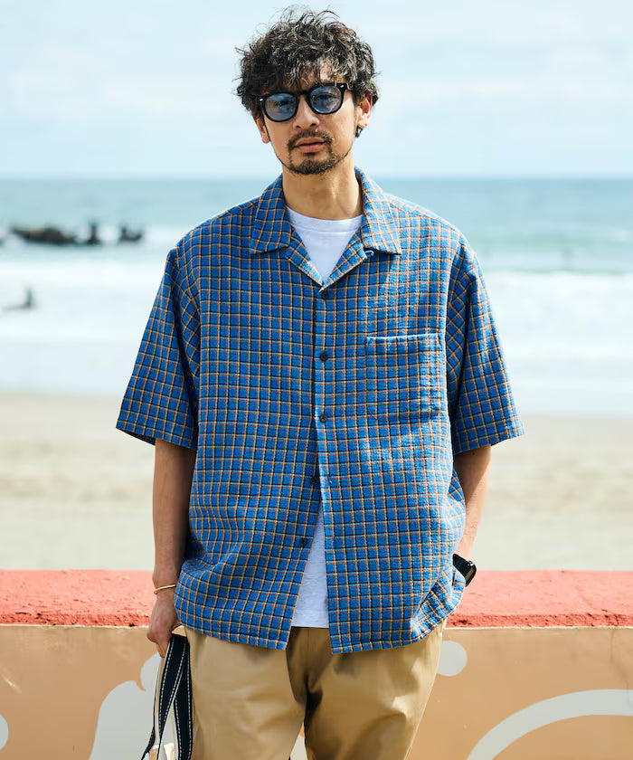 AUSTRALIAN COTTON Open Collar Check Shirt Short Sleeve