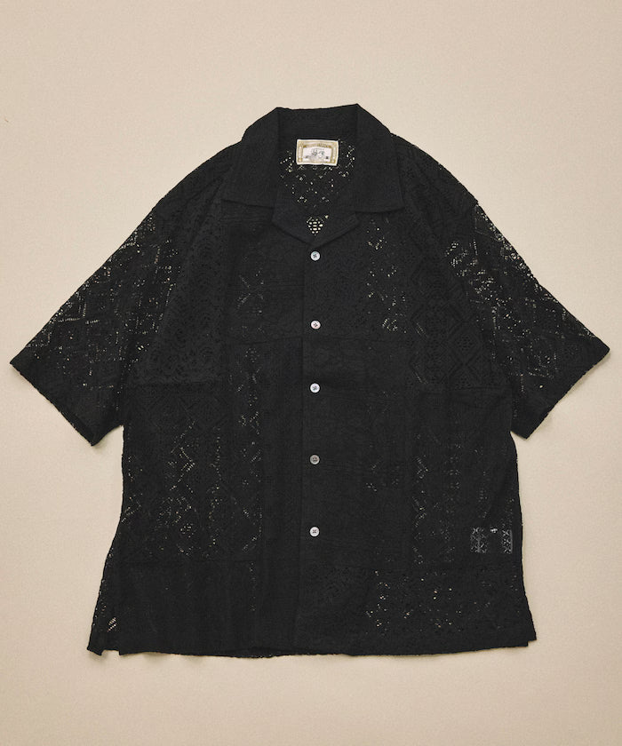 India-made Patchwork Lace Sheer Relaxed Fit Open Collar Shirt Short Sleeve