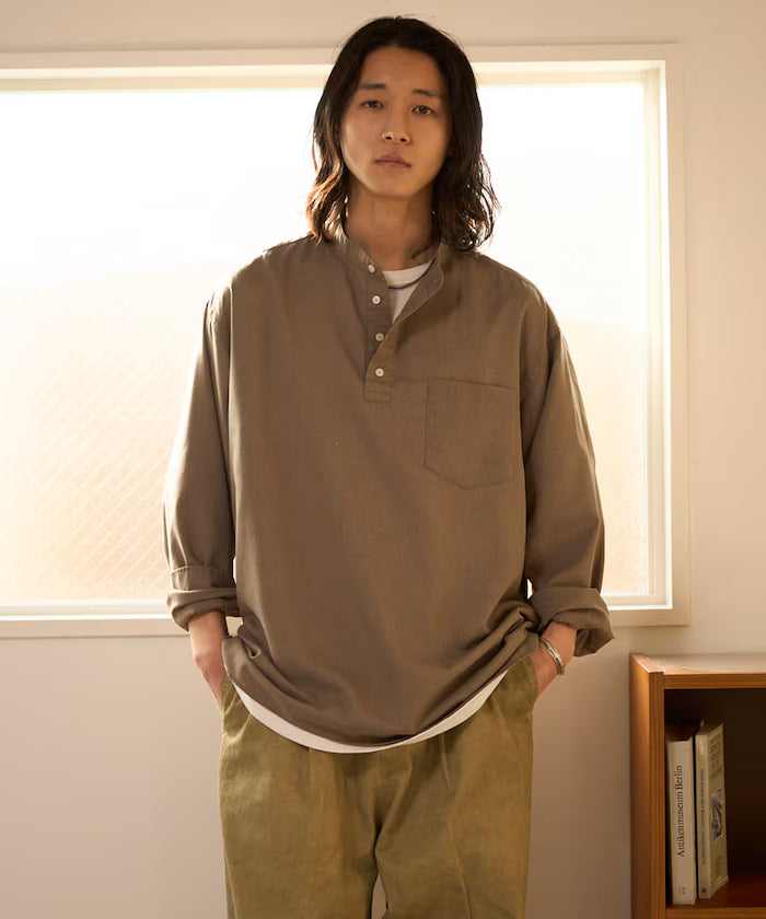 Relax Fit Linen Mix Band Collar Pullover Shirt [Limited Edition]