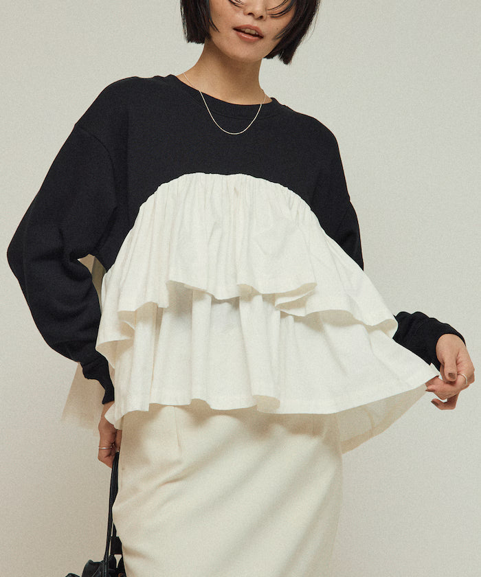 Organic Cotton Docking Frill Sweat / Relaxed Fit / Backed Sweat - Black