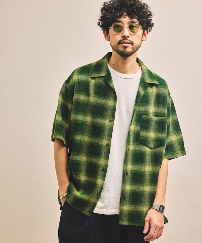 Dyed Ombre Check Open Collar Short Sleeve Sheer Shirt Relaxed Fit