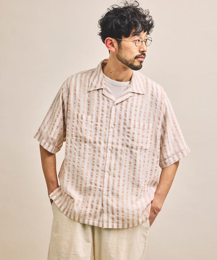 Indian-made Relaxed Fit Wide Stripe Sheer Sucker Open Collar Short Sleeve Shirt