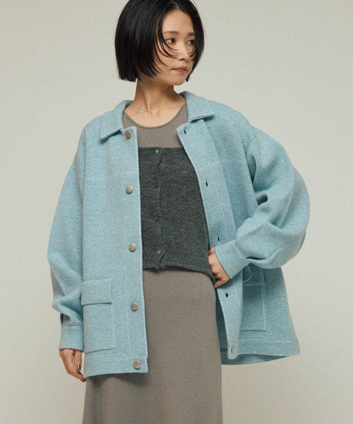 Oversized Wool Blend Knit Coverall / Color Stitch Knit Jacket - Sax Blue