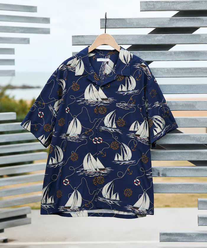 Loose silhouette all-over patterned open collar short sleeve shirt - Navy