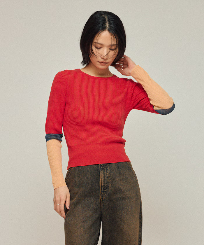 Functional material silk blend color block knit pullover / anti-pill / machine washable