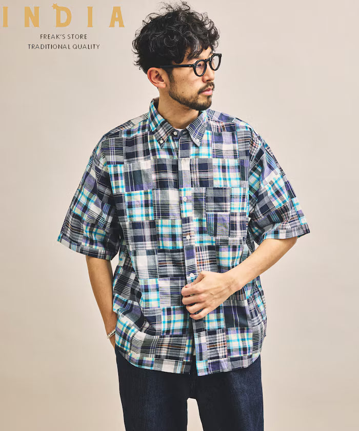 Indian-made Relaxed Fit Madras Check Patchwork Button-down Short Sleeve Shirt - Blue