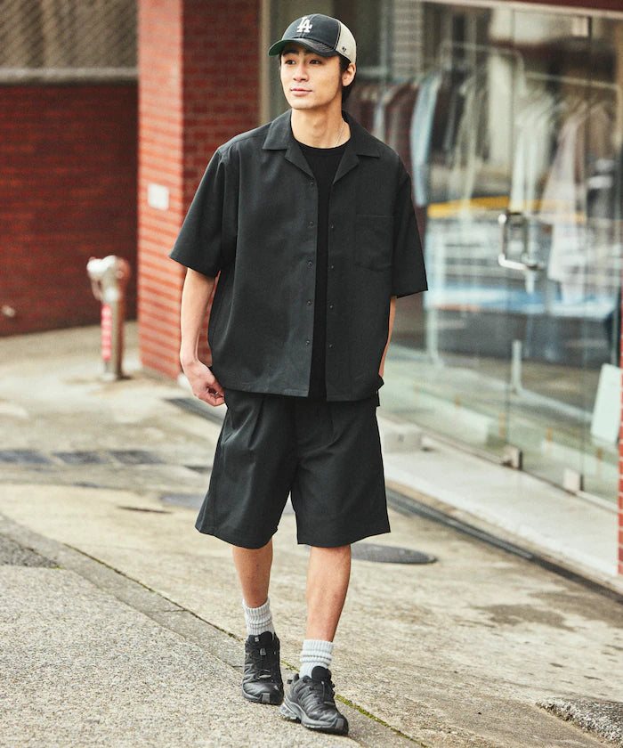 [New Color Addition] Quick-Dry Material Relaxed Fit Open Collar Short Sleeve Shirt Linen-Like
