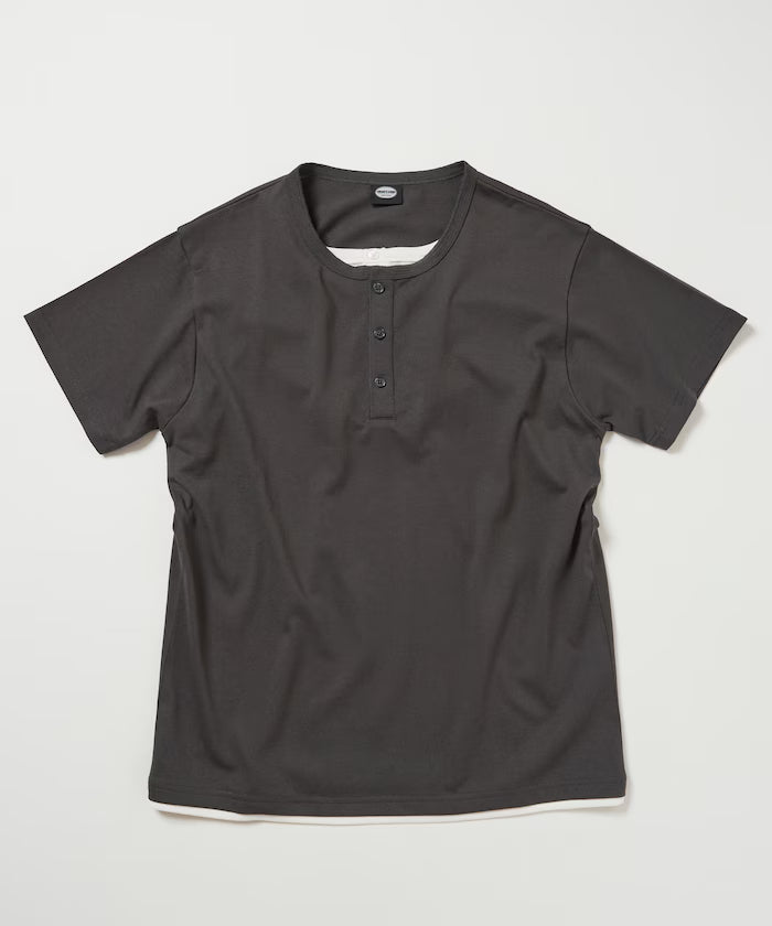 Fake Layered Henry Neck Cut-and-sew Short Sleeve T-shirt [Limited Edition]