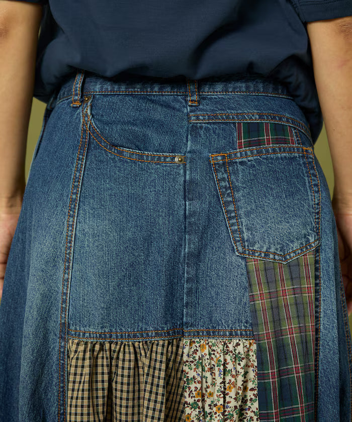Side Front Denim Color Block Flared Skirt