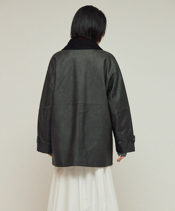 Oversized Crush Leatherette Jacket / Collar Corduroy