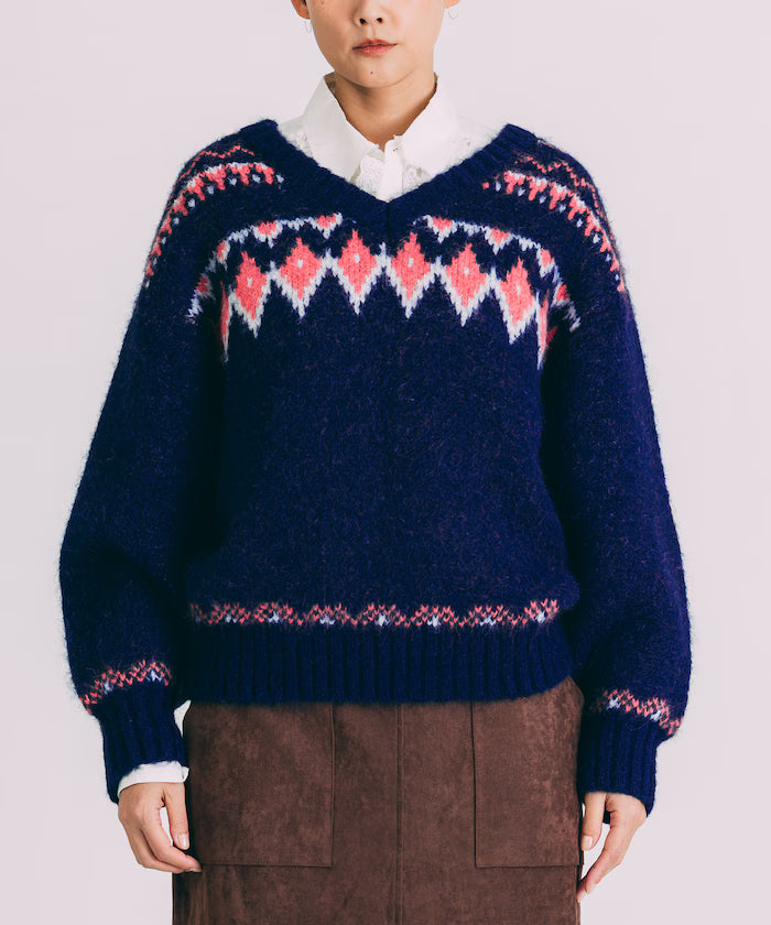 V-neck color block Nordic pattern knit