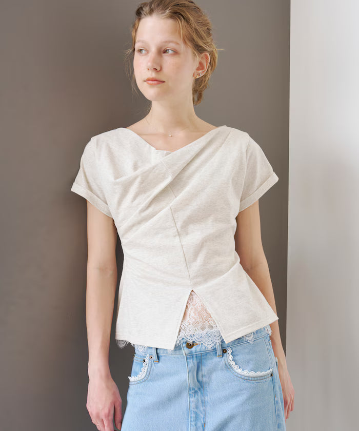 Lace Docking Draped Neck Top 【Limited Edition】 - Off-white