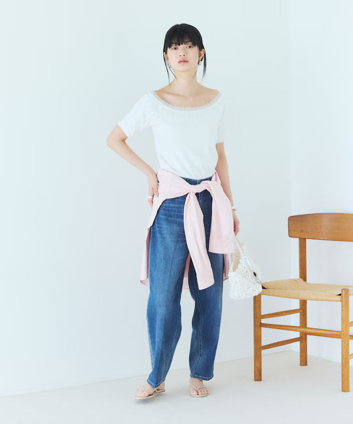 Boat Neck Pullover Knit Lace T-Shirt