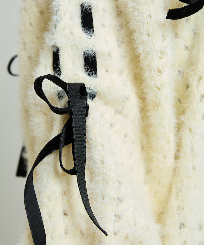 Velour Ribbon Braided Feather Knit Cardigan Limited Edition