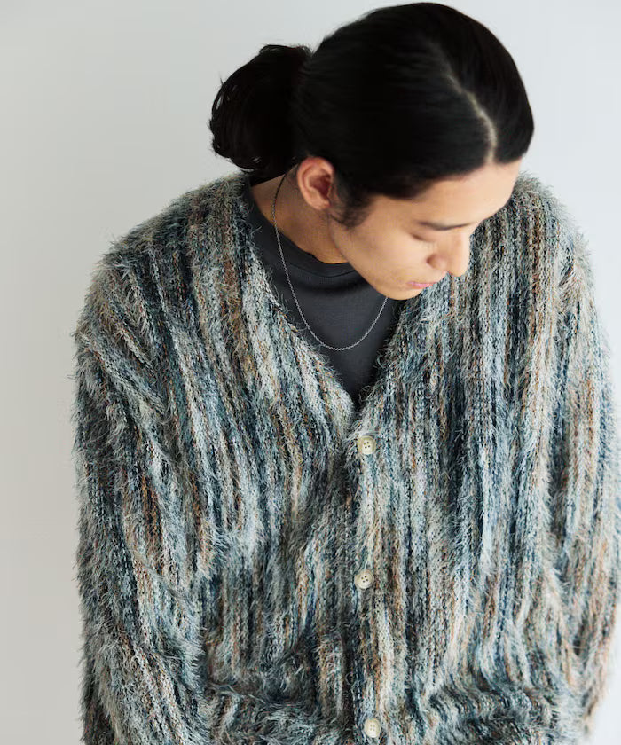 Relaxed Fit Shaggy Knit Multi-Stripe Cardigan
