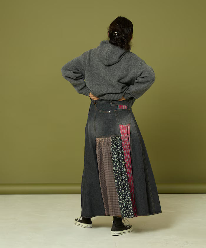 Side Front Denim Color Block Flared Skirt