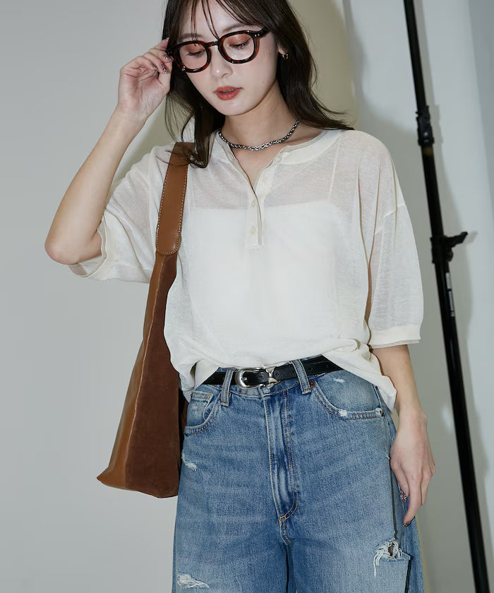 Washable linen color block henley neck knit top limited release
