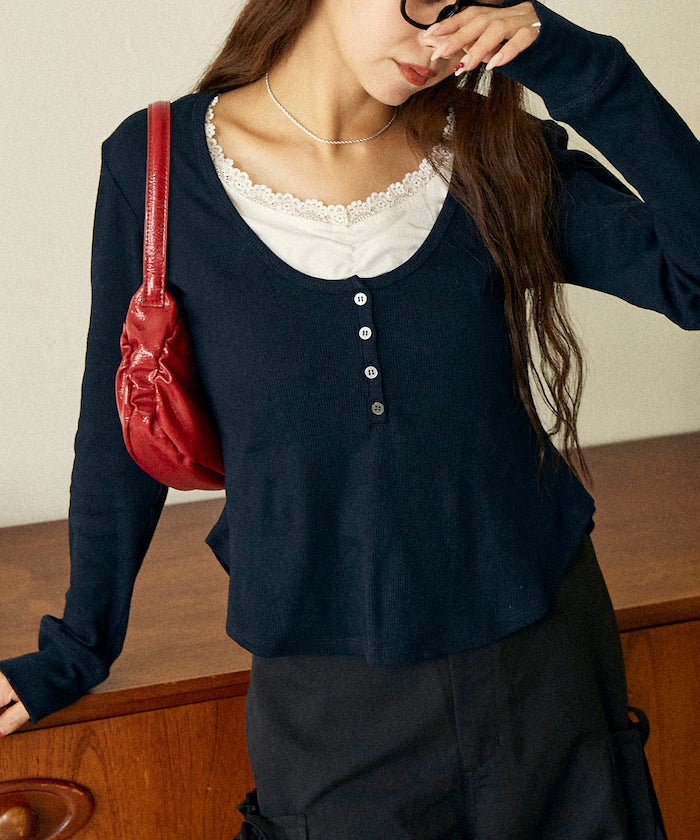 Layered-style henley neck top limited edition - Navy