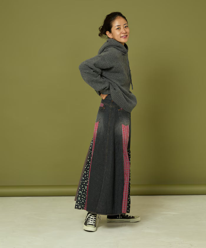 Side Front Denim Color Block Flared Skirt