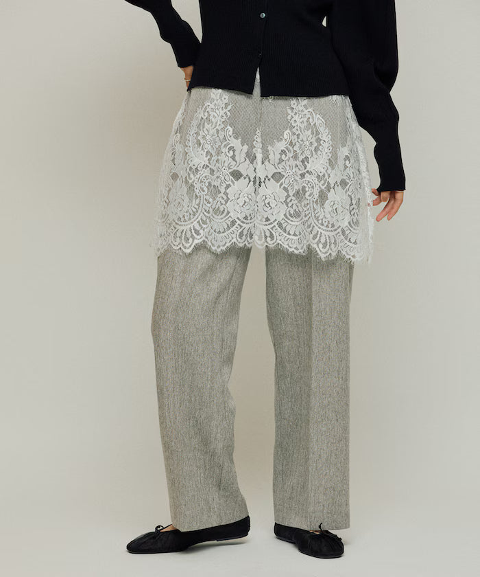 Lace Layered Slacks / Center Press Wide Slacks - Beige