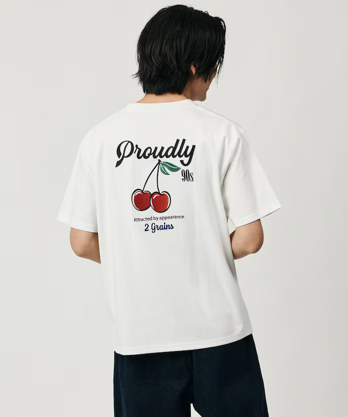Relaxed Fit Design Back Embroidery Crew Neck T-Shirt / Cherry / Ringer 【Limited Edition】 - White