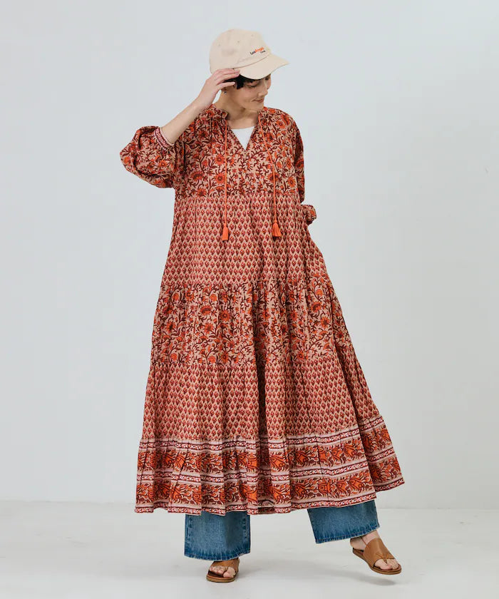 India Flower Print 4-Tiered Dress - Orange