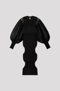 FLUTED LUCENT GLITTER LONG PUFF SLEEVE DRESS - BLACK-BLACK