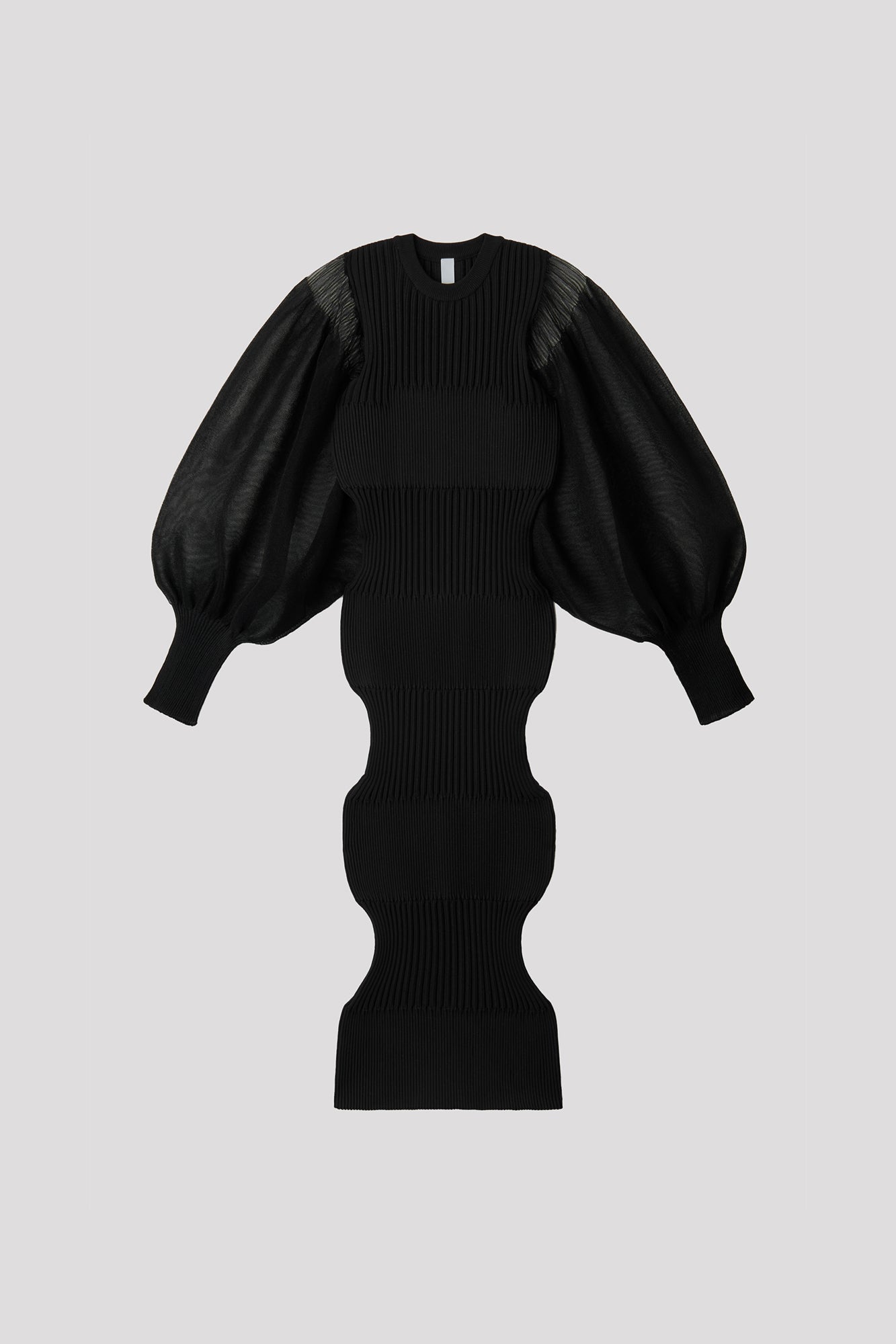 FLUTED LUCENT GLITTER LONG PUFF SLEEVE DRESS - BLACK-BLACK
