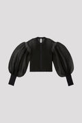 FLUTED LUCENT GLITTER PUFF SLEEVE CROPPED CARDIGAN - BLACK-BLACK
