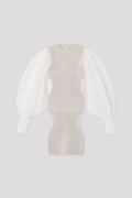 FLUTED LUCENT GLITTER LONG PUFF SLEEVE MINI DRESS - LIGHT BEIGE-WHITE