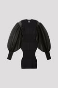 FLUTED LUCENT GLITTER LONG PUFF SLEEVE MINI DRESS - BLACK-BLACK