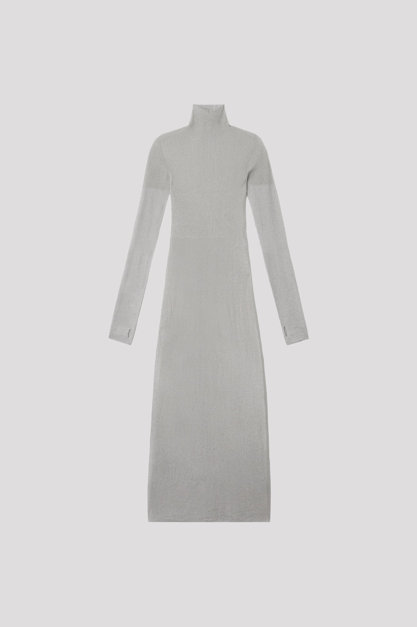 RIB METAL HIGHNECK LONG SLEEVE DRESS - SILVER