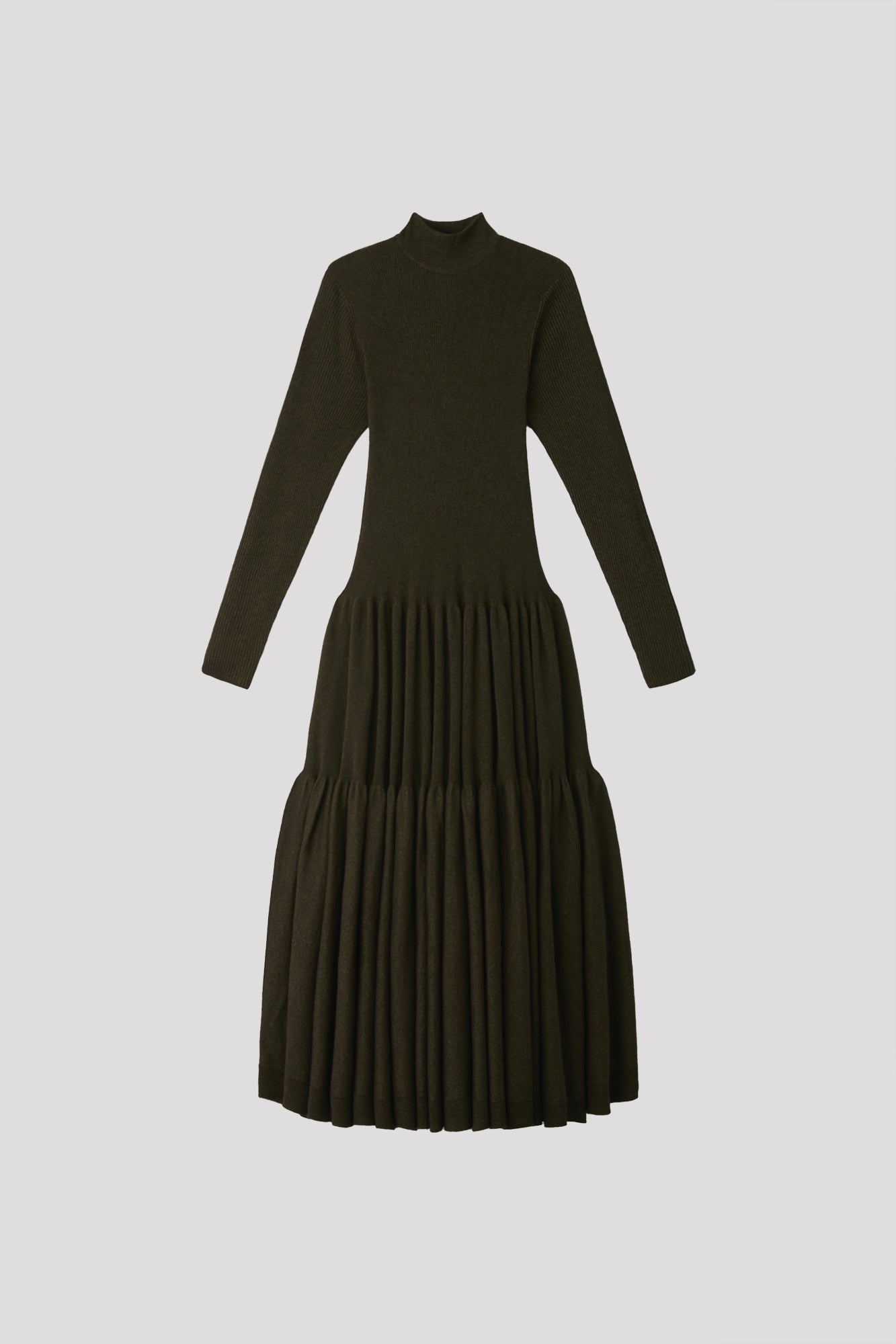 CASHMERE SILK CASCADES MOCKNECK LONG SLEEVE DRESS - FERN GREEN