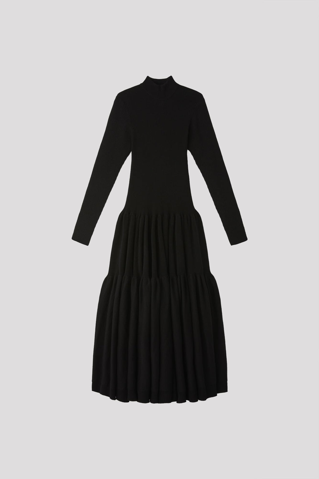 CASHMERE SILK CASCADES MOCKNECK LONG SLEEVE DRESS - BLACK