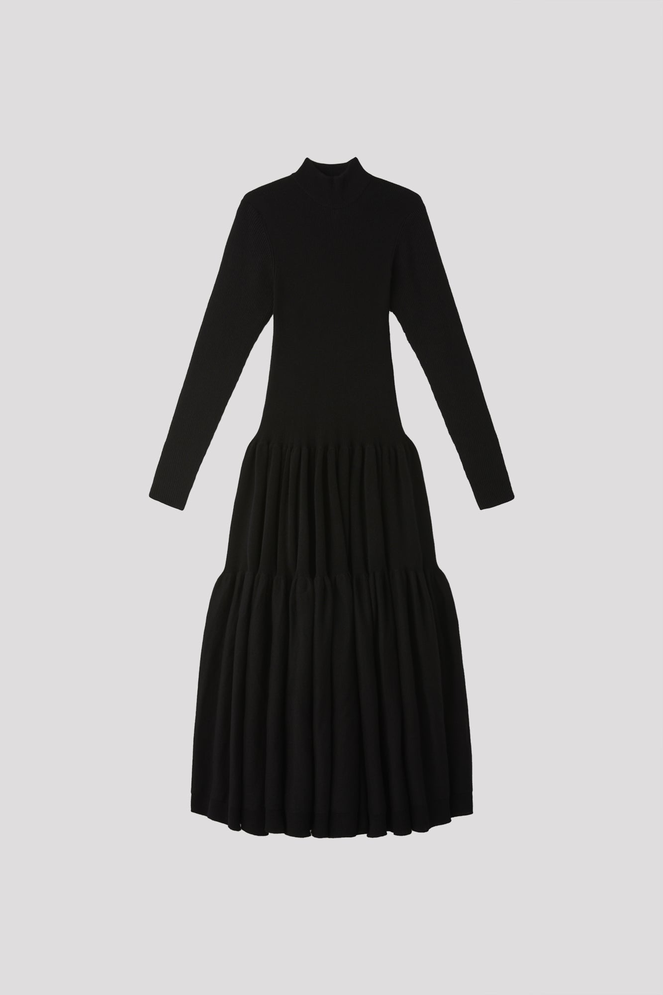 CASHMERE SILK CASCADES MOCKNECK LONG SLEEVE DRESS - BLACK