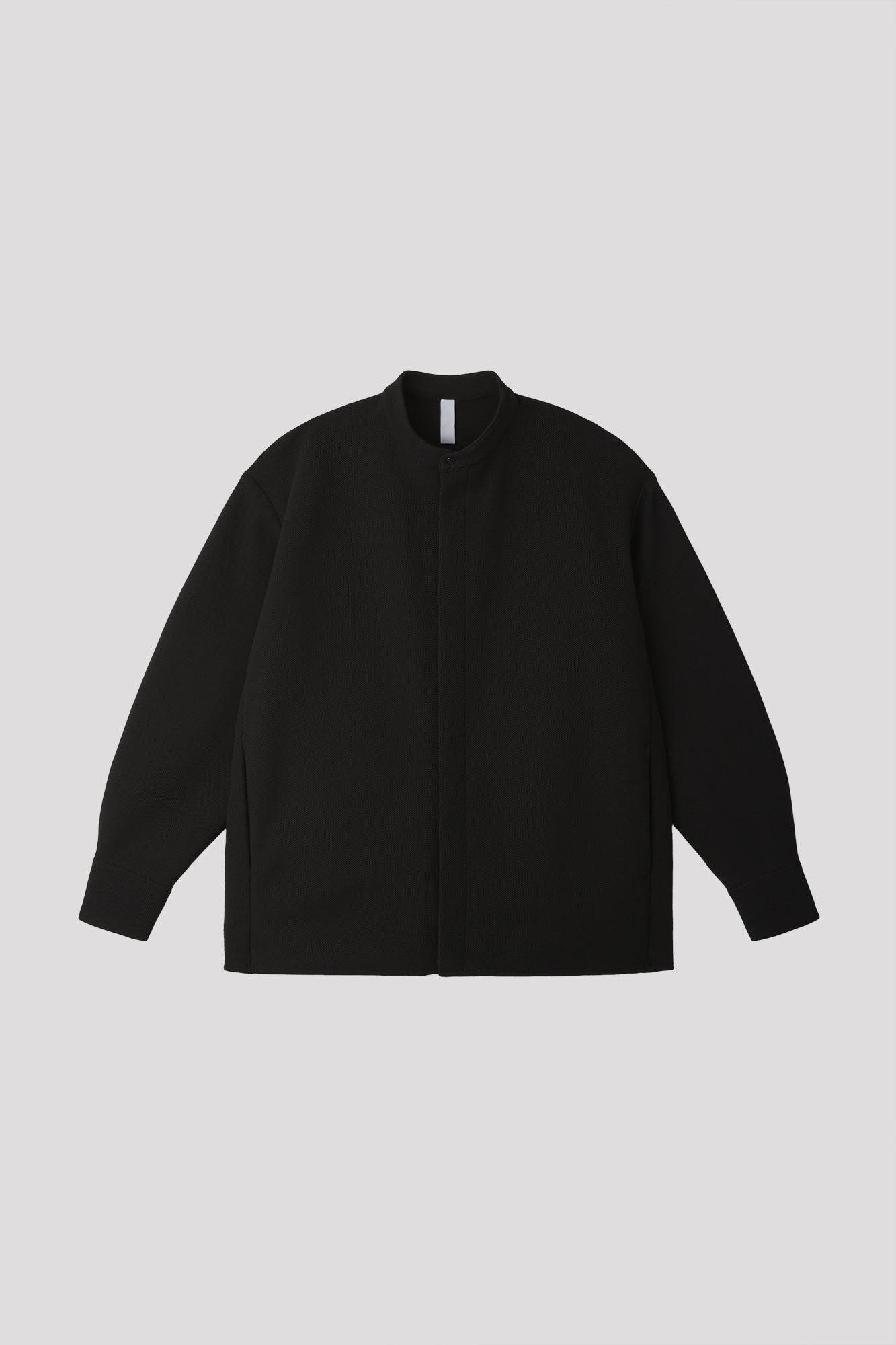 MESH STAND-UP COLLAR COVERED PLACKET SHIRT - BLACK