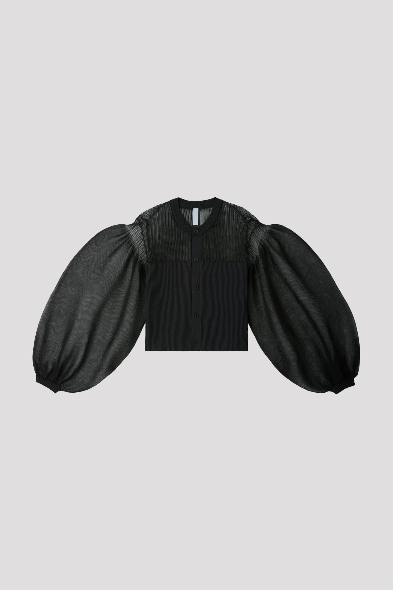FLUTED LUCENT GLITTER PUFF SLEEVE CROPPED CARDIGAN - BLACK-BLACK