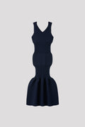 FLUTED V-NECK SLEEVELESS MERMAID DRESS - NAVY