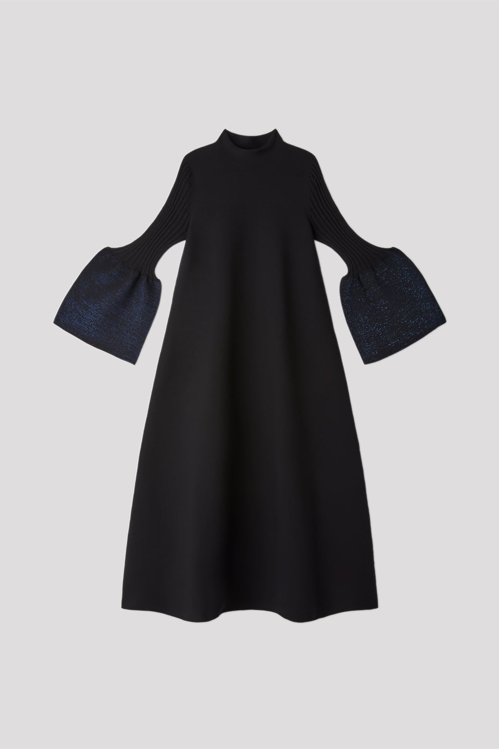 POTTERY GLITTER MOCKNECK LONG BELL SLEEVE FLARE DRESS - BLACK-BLUE