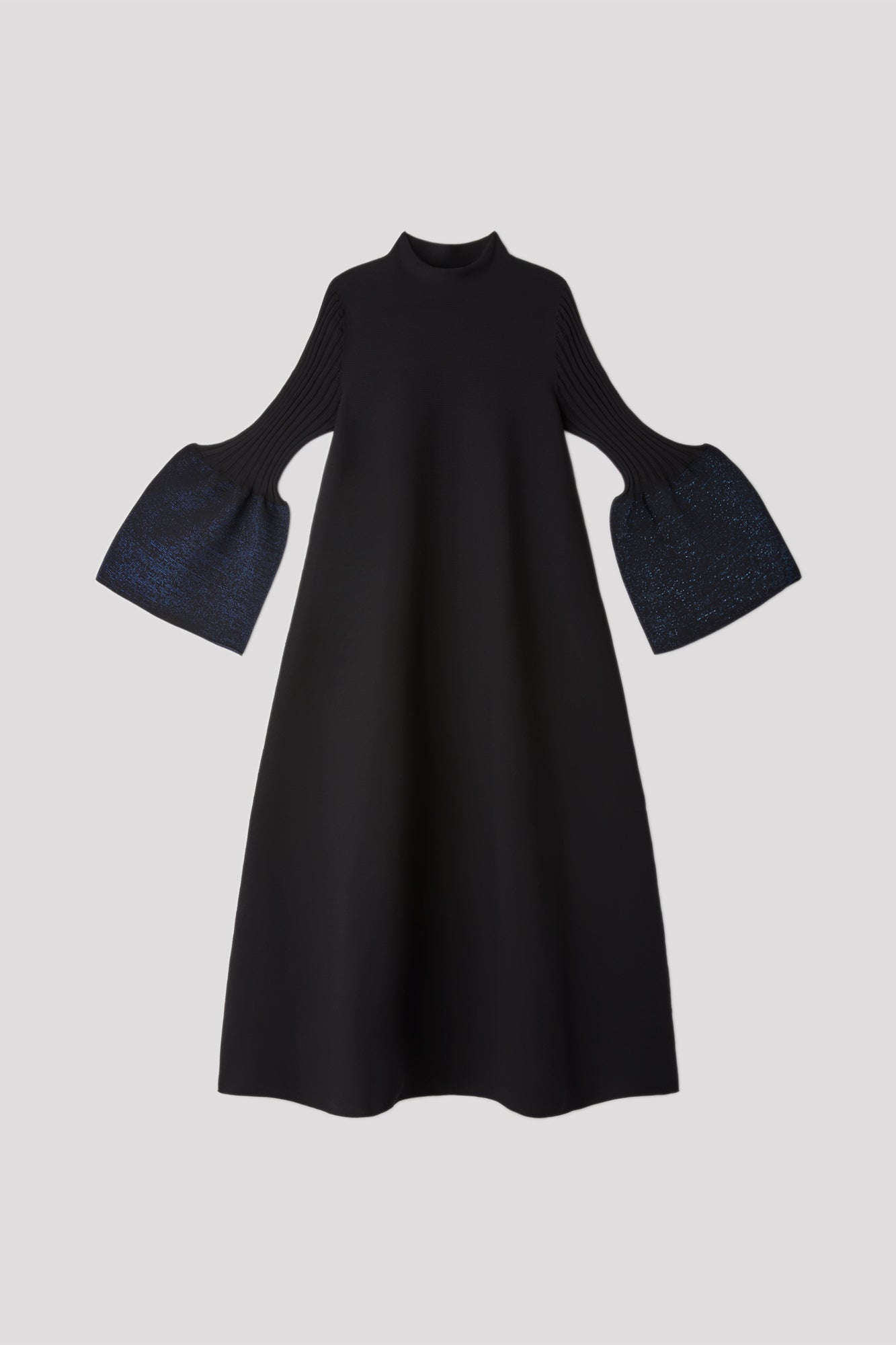 POTTERY GLITTER MOCKNECK LONG BELL SLEEVE FLARE DRESS - BLACK-BLUE